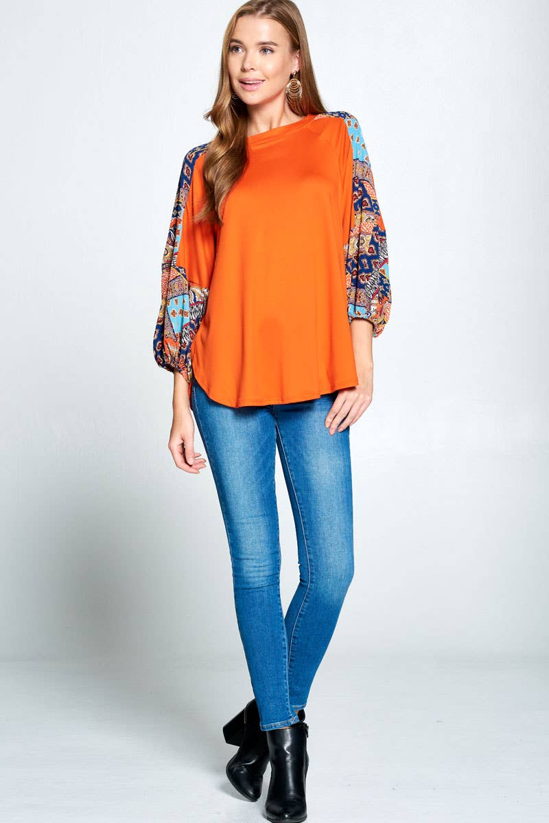 Orange Haut tunique patchwork à manches ballon ETK-7743 en vente sur Faire1