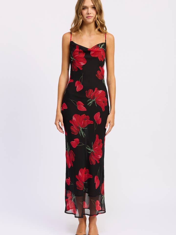 FLORAL PRINTED COWL NECK MAXI DRESS for wholesale by Emory Park