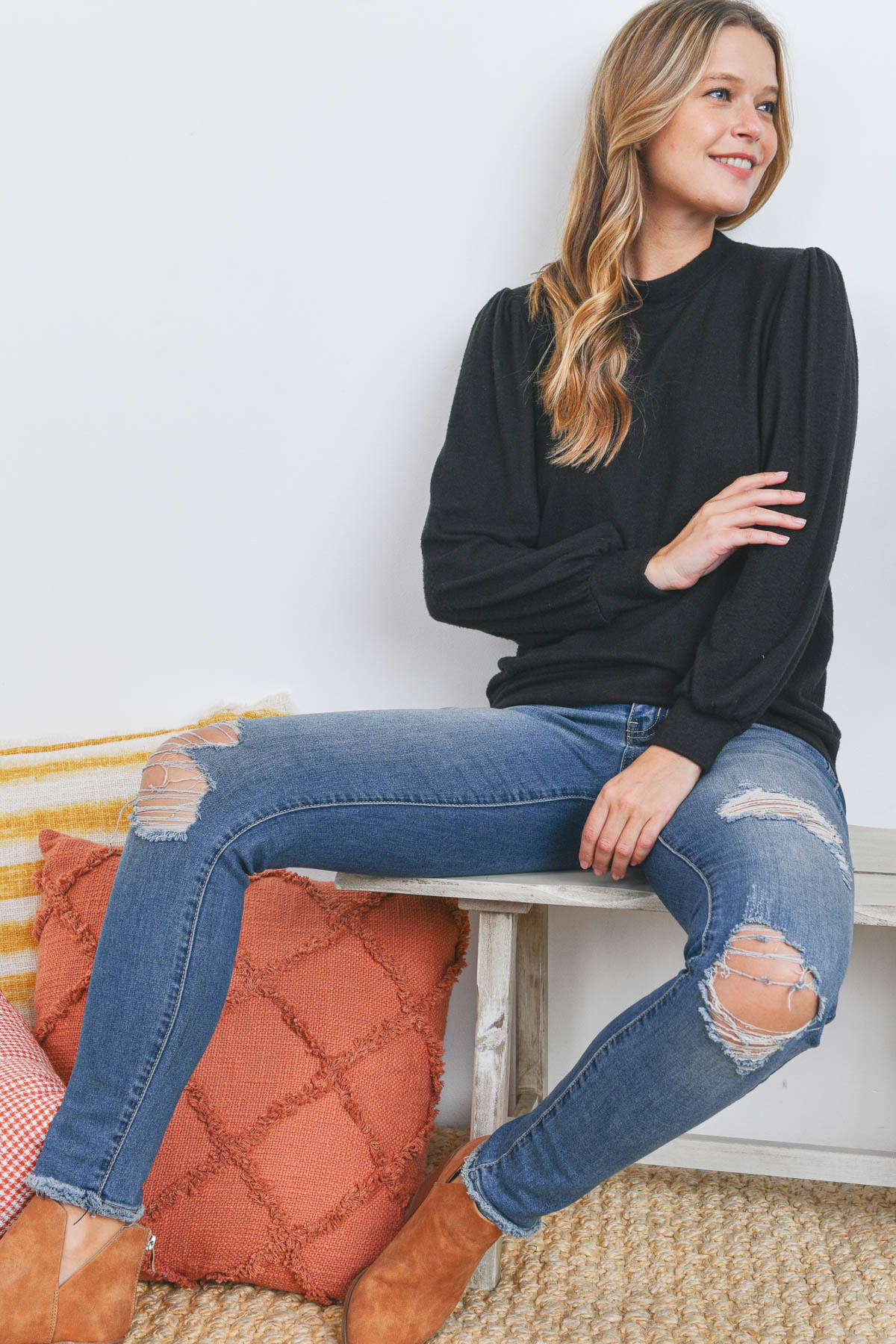 You & Me - Vente Haut en maille – femme - VENTE ! ! ! PPT21143 - HAUT À MANCHES BOUFFANTES À COL ROND - ANTHRACITE64