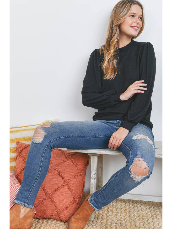 You & Me - Vente Haut en maille – femme - VENTE ! ! ! PPT21143 - HAUT À MANCHES BOUFFANTES À COL ROND - ANTHRACITE64