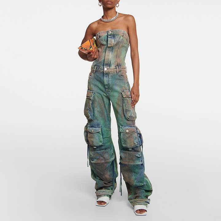 Women's spray color camouflage tube top overalls jumpsuit for wholesale by Tourtiwi