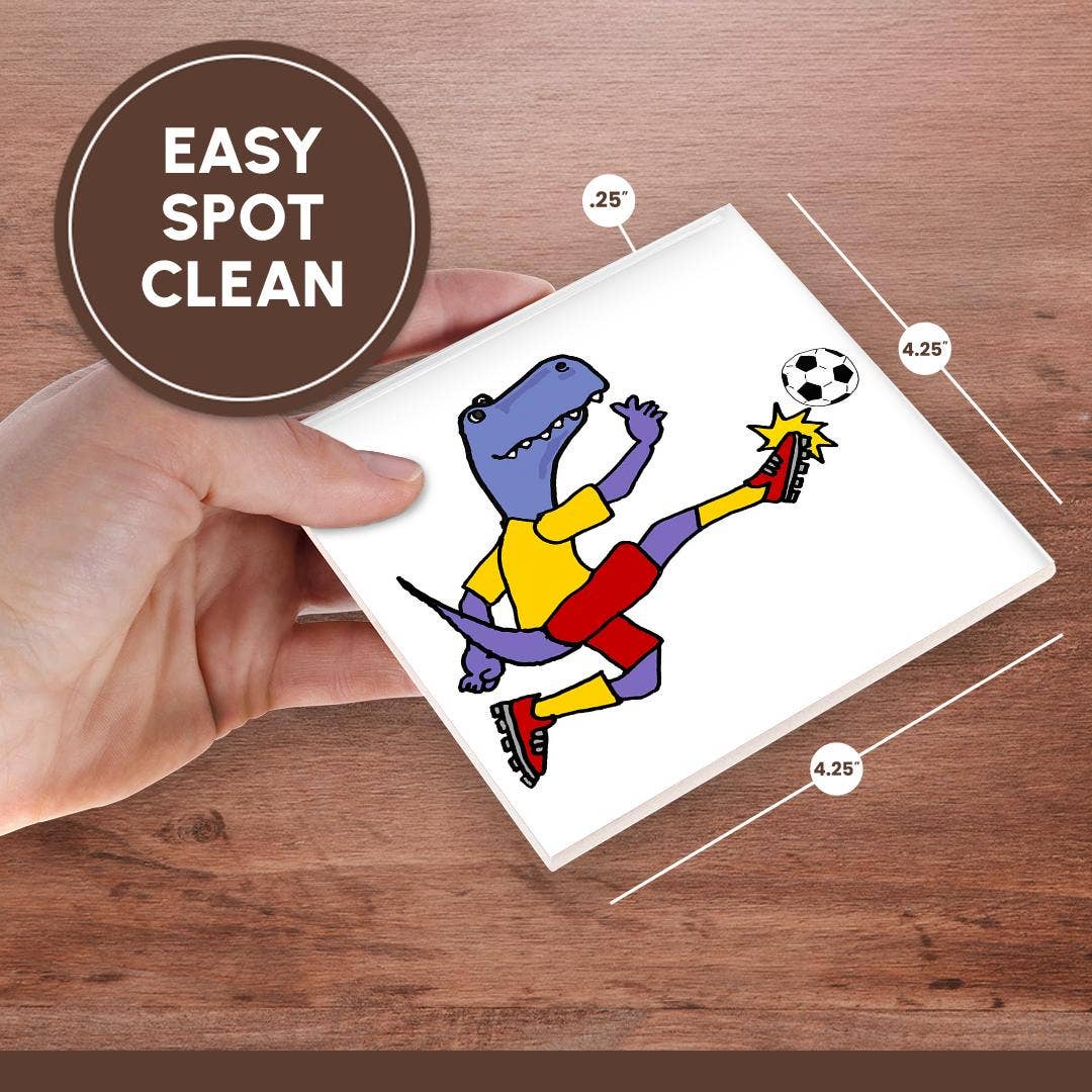 3dRose - Wholesale Coasters - 3dRose, Cute funny T-rex Dinosaur Playing Soccer Kicking Ball Cartoon Sports, Coaster6