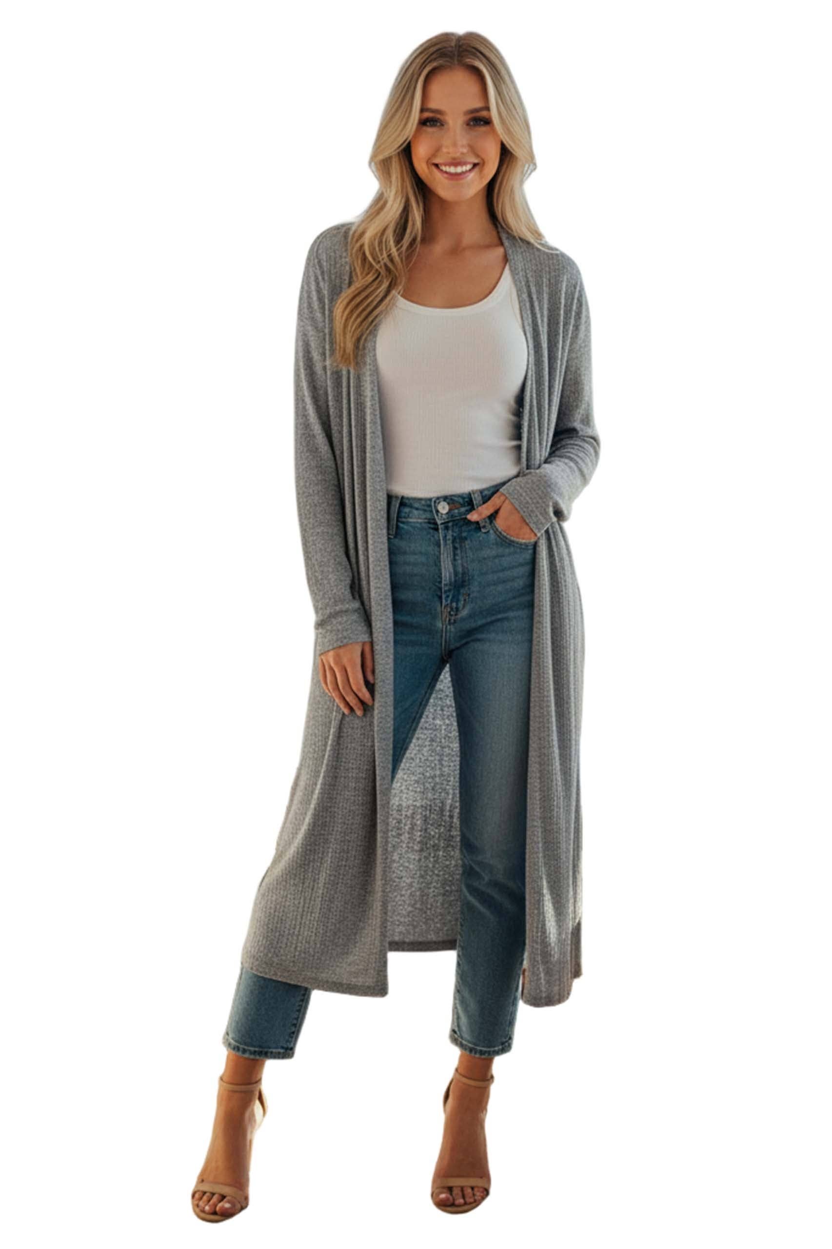 Good Stuff Apparel - Wholesale Cardigan - Women's - Women’s Long Sleeve Open Front Side Slit Ribbed Duster Cardigan1