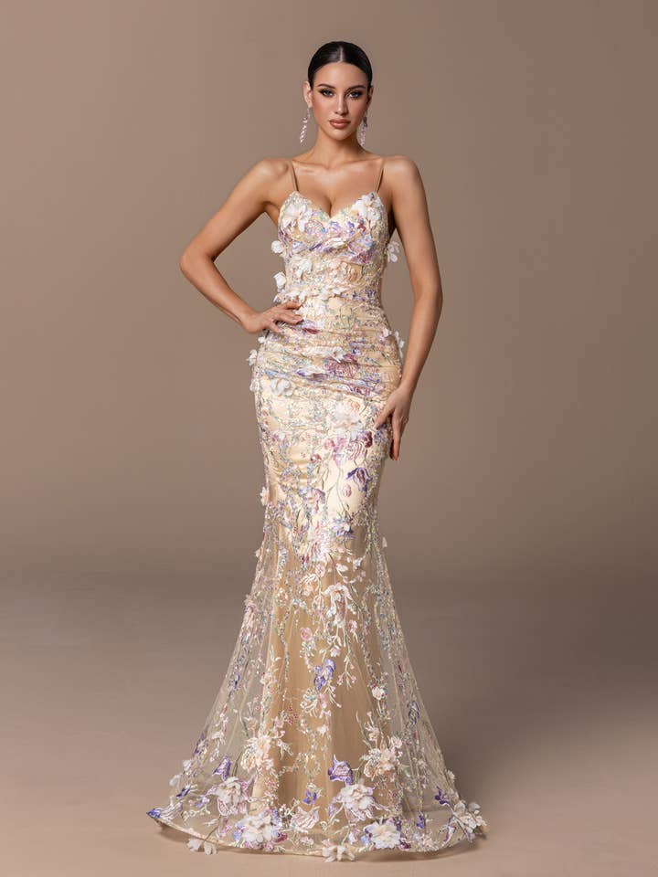 5239 - Spaghetti Flower Embossing Sequin Dress for wholesale by ILY From