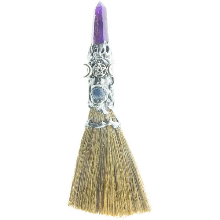 Gemstone Wicca Broom 8in - Amethyst w/ Silver Triple Moon for wholesale by Kheops International