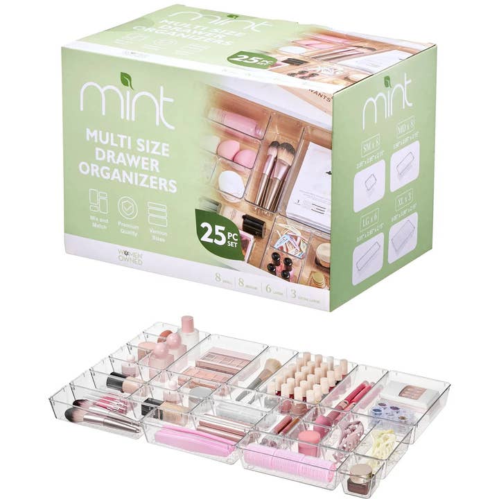 25 PCS Clear Plastic Drawer Organizers Set, 4 Sizes Clear Drawer Organizers & storage Bins for Makeup/Jewelry Vanity, Kitchen Gadgets Or Office Desk. Bathroom Drawer Organizer Trays for wholesale by J&V TEXTILES