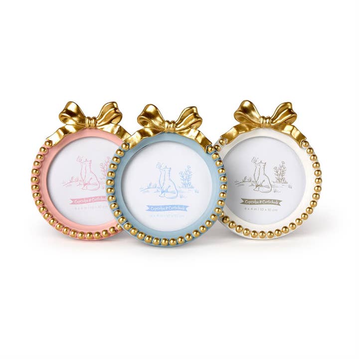 Golden Bow 4" x 4" Round Photo Frame Assorted 3 Colors for wholesale by Cupcakes & Cartwheels by Two's Company