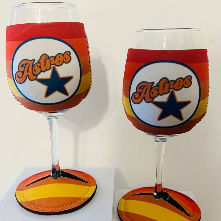 BeLeaf in Tomorrow - Wholesale Drink Huggers & Koozies - Retro Astros Wine Glass Koozies