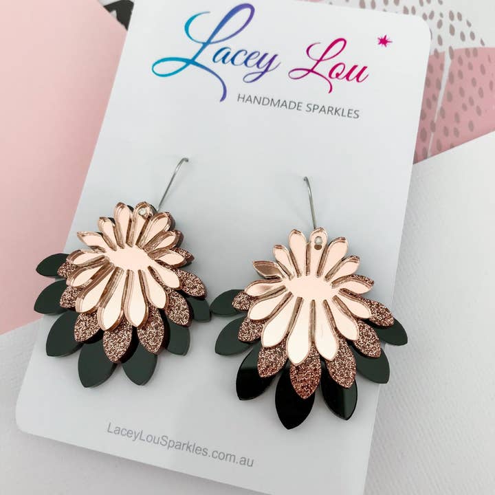Large Flower Frill Statement Earrings - Black | Bronze | Rose Gold Acrylic Dangle for wholesale by Lacey Lou Sparkles