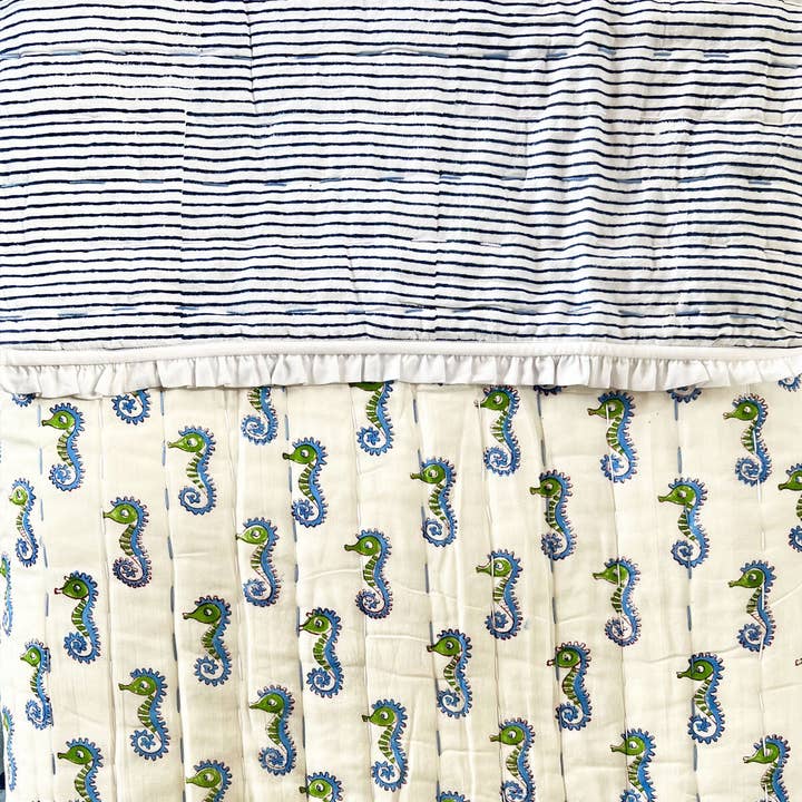Sea Horse Blockprint Reversible Junior Quilt for wholesale by FARO