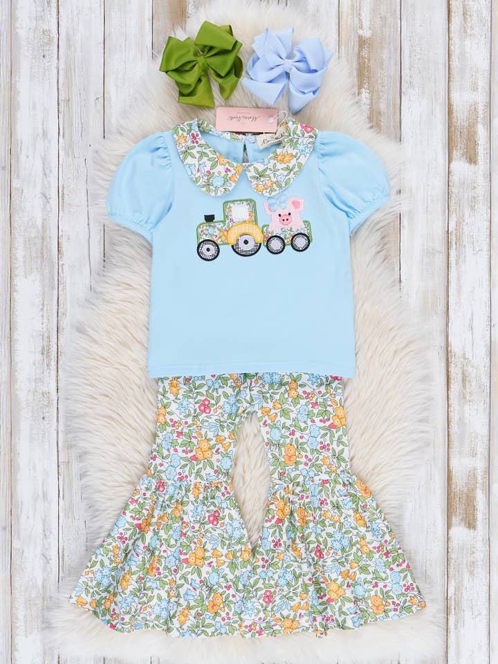 Marie Nicole Clothing - Wholesale Top & Pant Set - Kids - Light Blue Embroidered Piggy Tractor Bell Bottoms Outfit