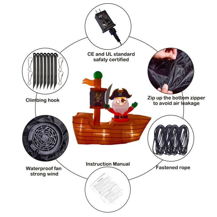 Fun Little Toys - Wholesale Inflatables - 6FT Christmas Inflatable Decoration Santa in the Pirate Ship