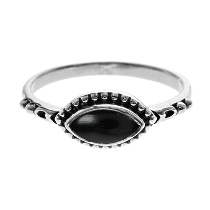 Anillo vintage de isla con marquesa de ónix negro para venta al por mayor de Kali Ma Designs - Sterling Silver Jewellery