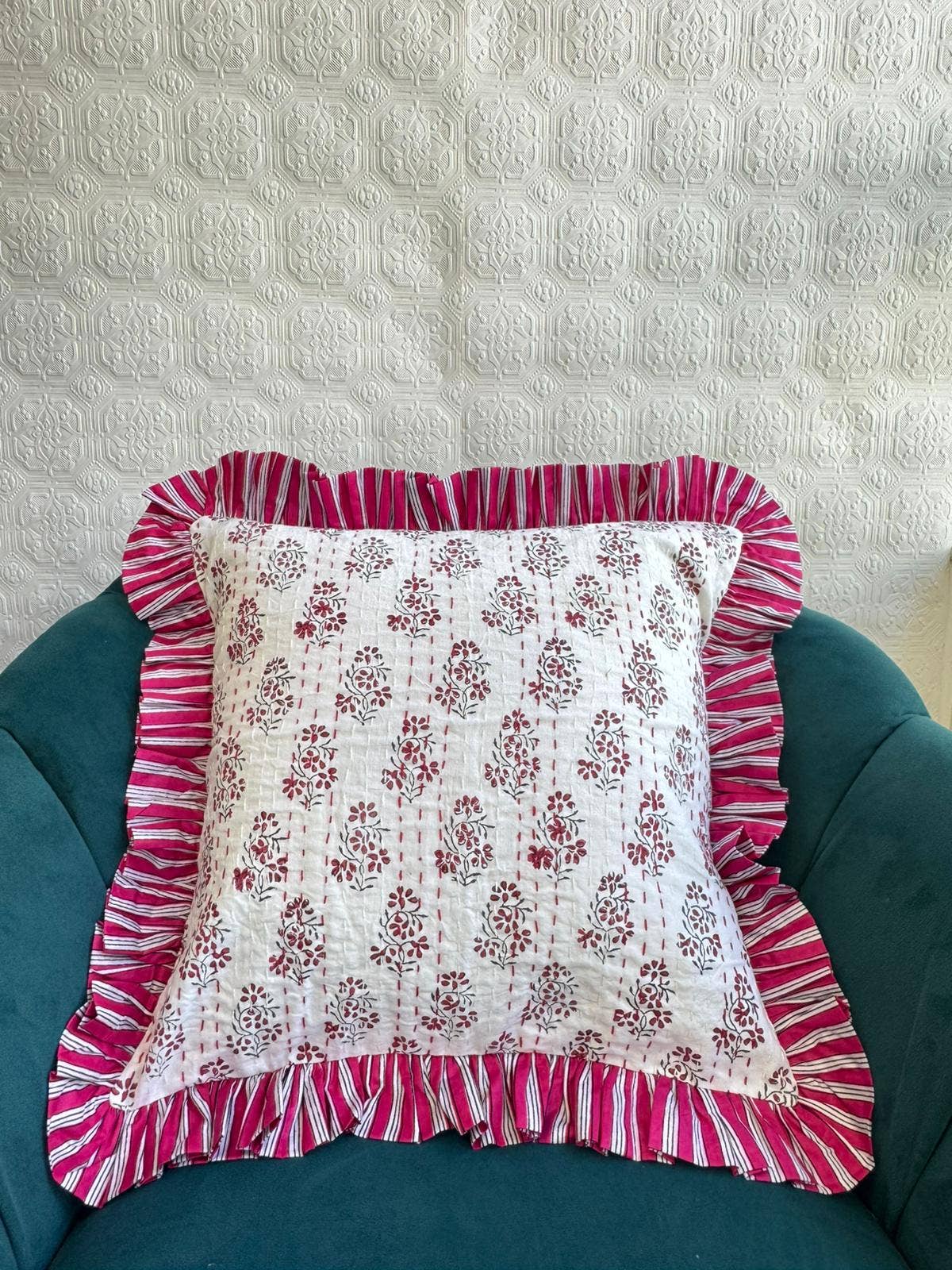 White Pink Red Quilted Kantha Stitch Cushion Pure Soft Cotton Cover for wholesale on Faire2