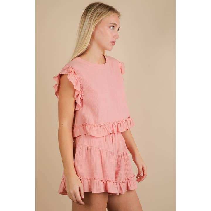 IVE – wholesale Set med topp och shorts – Dam – Rynkad enfärgad vävd topp och shorts set19