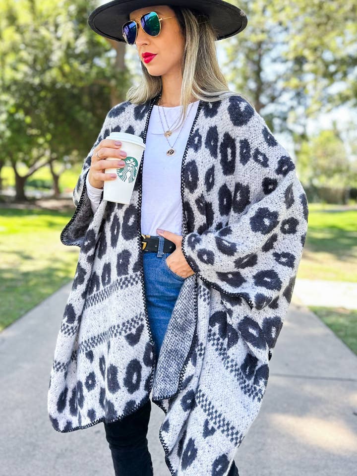 Grey Leopard Print Knitted Ruana Cardigan with Stitch Detail for wholesale on Faire1