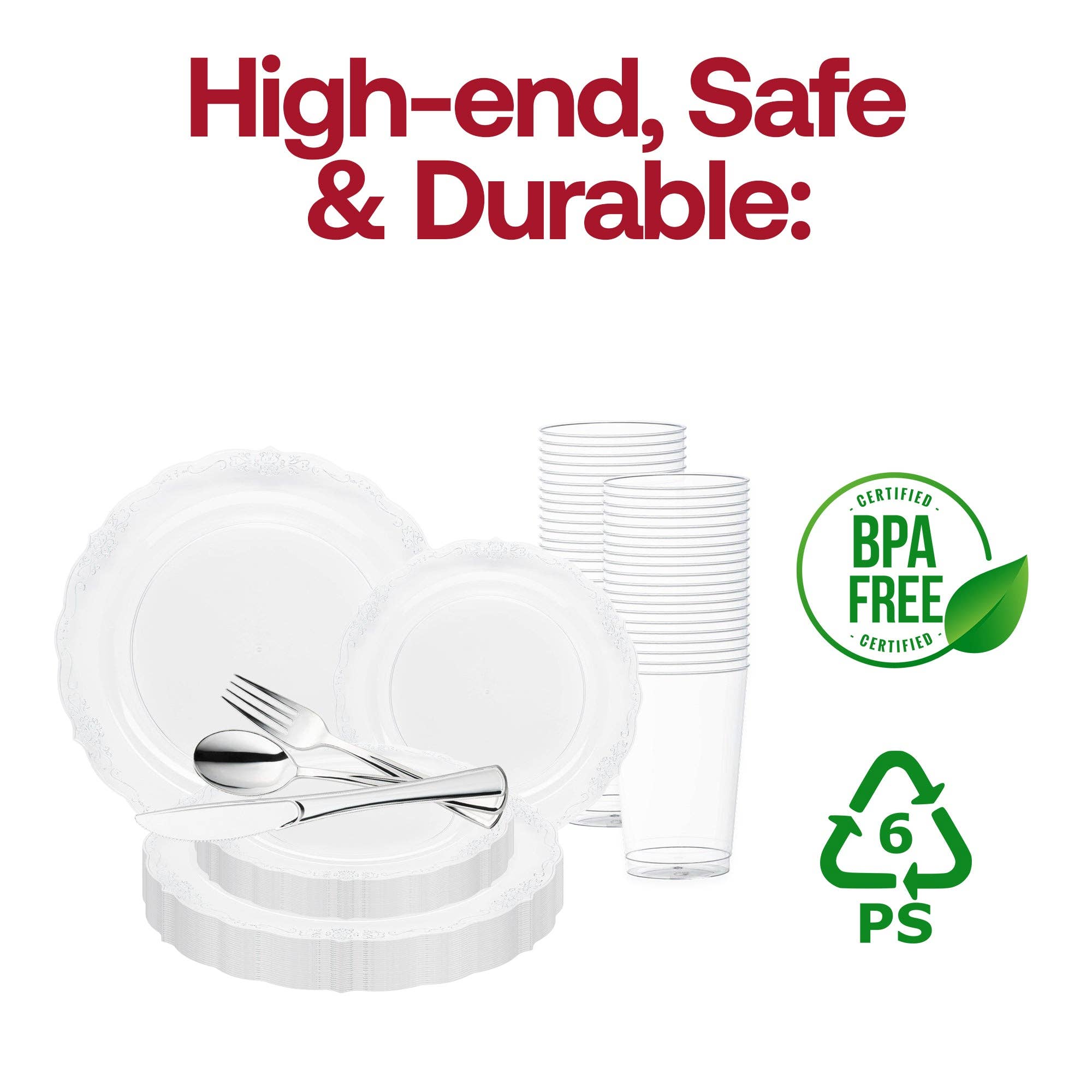 Smarty had a Party - Vendita all'ingrosso Servizio da tavola - Set da matrimonio in plastica trasparente con bordo vintage argento - 60 set3