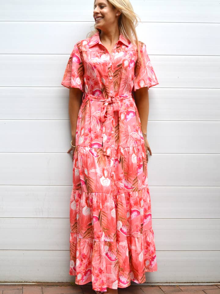 Pink Paradise Maxi Shirt Dress for wholesale by Ostara Collection