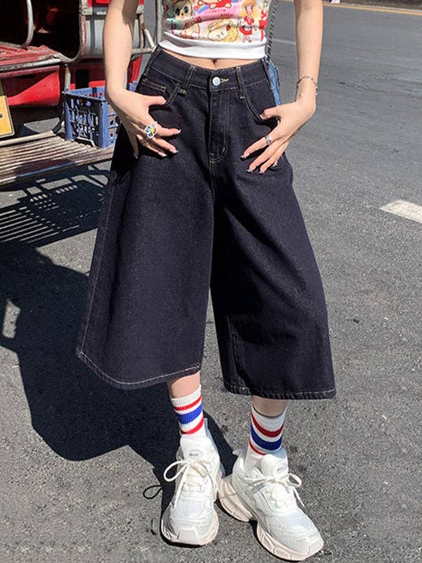 Blue Loose-Fitting Wide-Legged Denim Shorts for wholesale on Faire