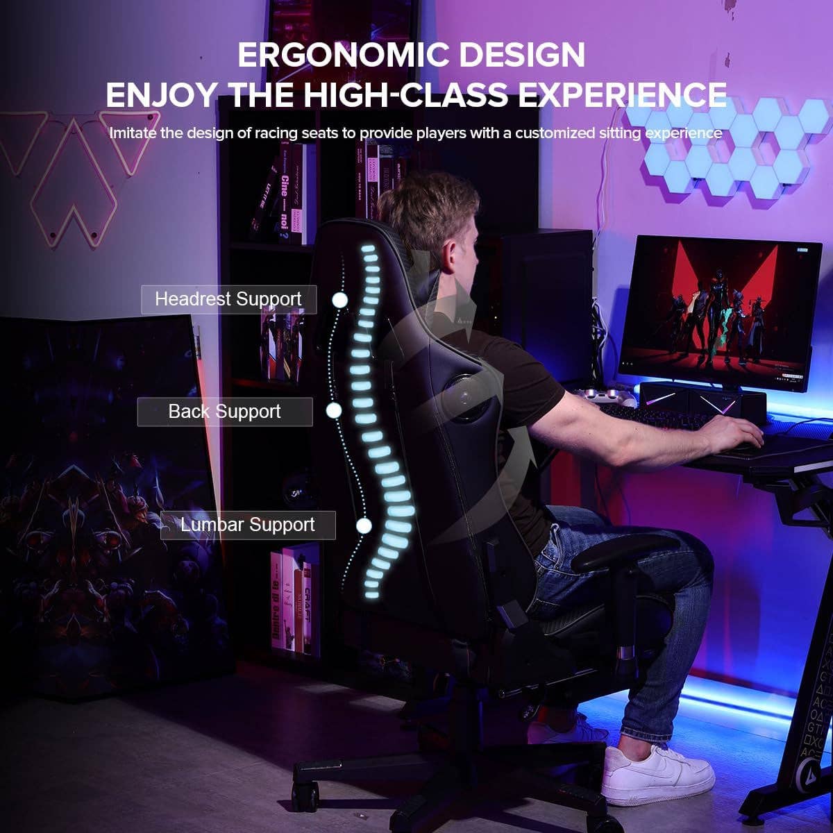 Black Gaming Chair With Footrest And Speakers Ergonomic Design for wholesale on Faire10