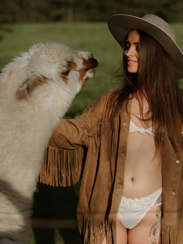 Courtney White Daisy Side Strap Thong for wholesale by Sophie Rutherford Intimates