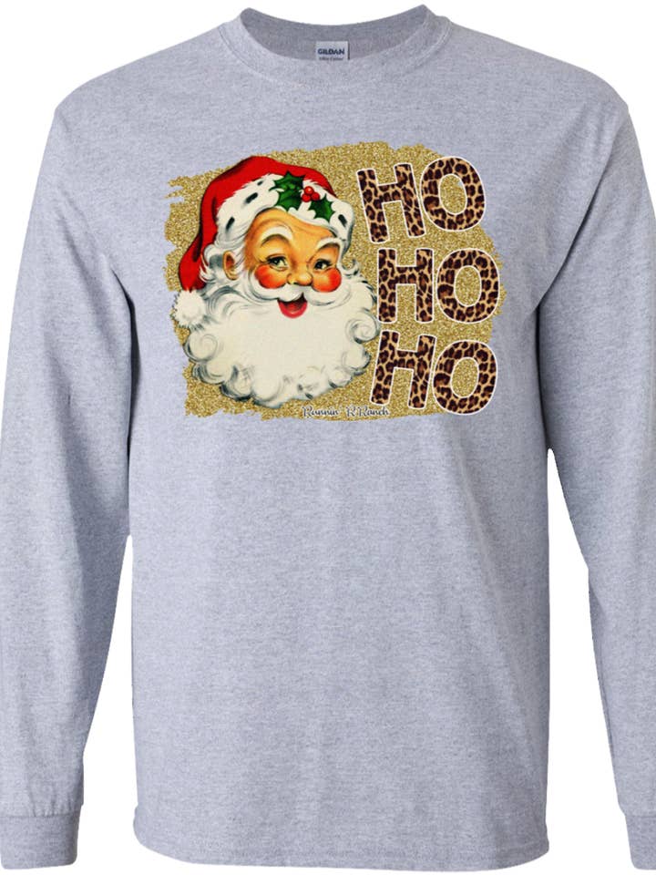 Santa Ho Ho Ho Leopard Long Sleeve Youth Tee for wholesale by Runnin' R Ranch