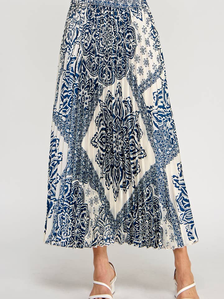 Ellison - Wholesale Skirt - Women's - TS-10222-6 PRINTED PLEATED MIDI SKIRT IVORY/BLUE