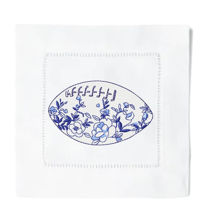 Chinoiserie Football Cocktail Napkins for wholesale by Blythe Embroidery Co.