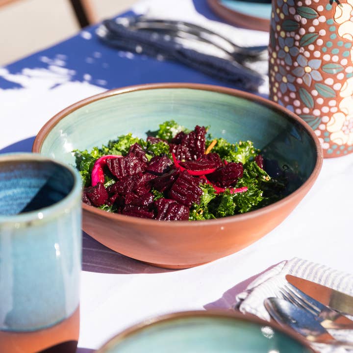 Salad Bowl Red Clay and Turquoise for wholesale by Tina Fossella Pottery