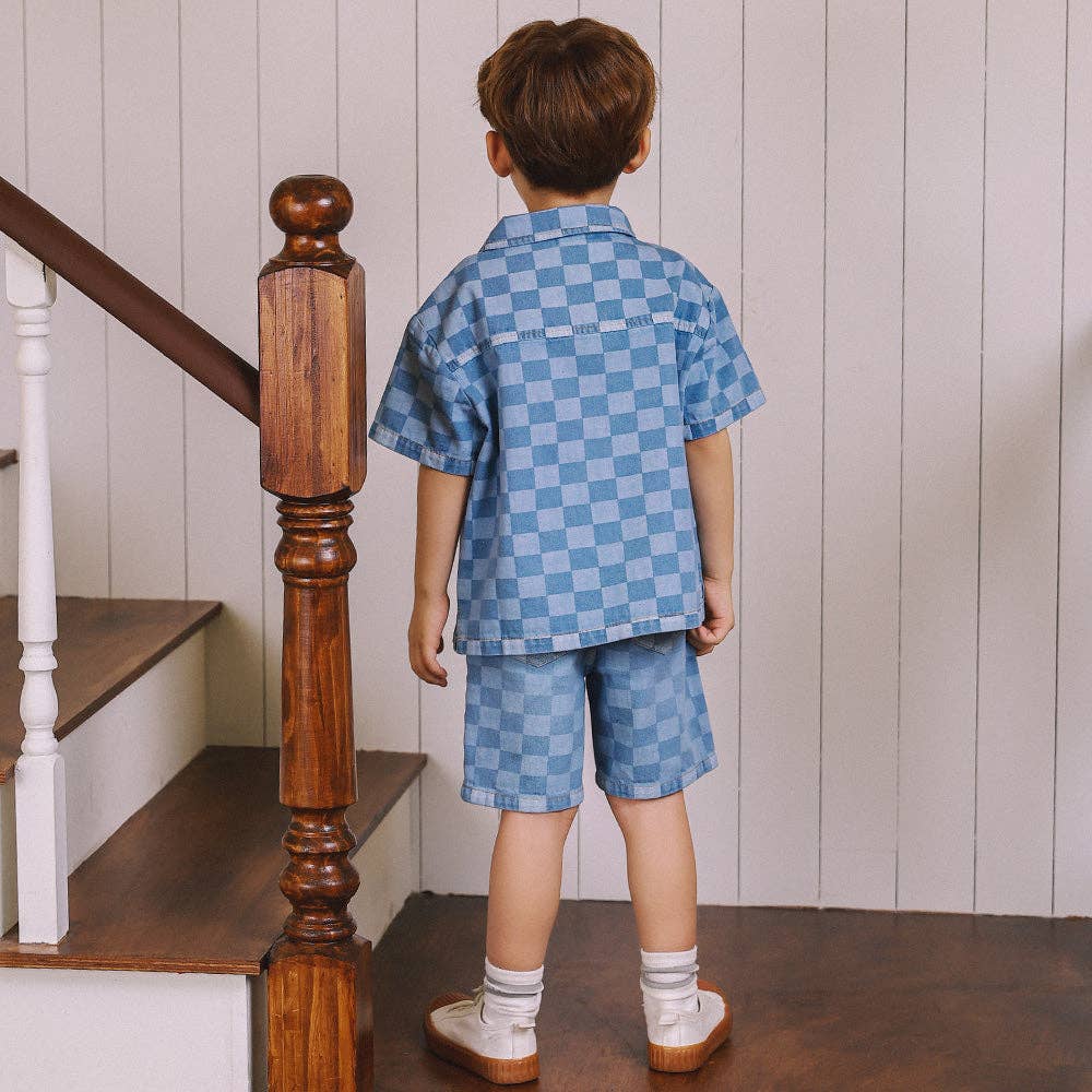 ToTo Heros - Wholesale Button Down Shirt - Kids - Liam Checkerboard Denim Short Sleeve Shirt6