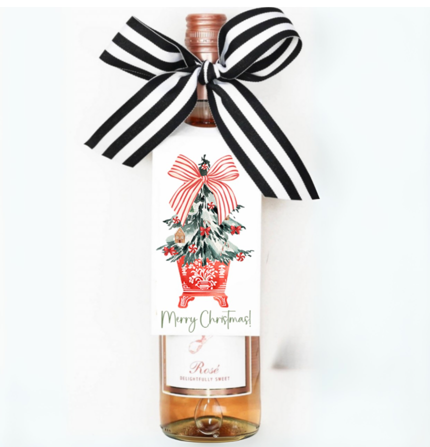 Design Carolinas - Wholesale Gift Tag - Red & White Chinoiserie Christmas Tree Wine Bottle Tag 0