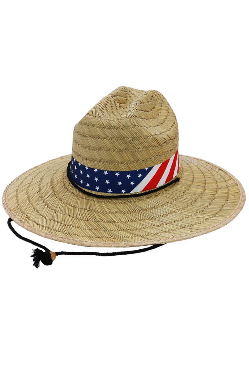 COME MOSTRATO Cappello da bagnino in paglia con banda larga con bandiera americana in vendita all'ingrosso su Faire3