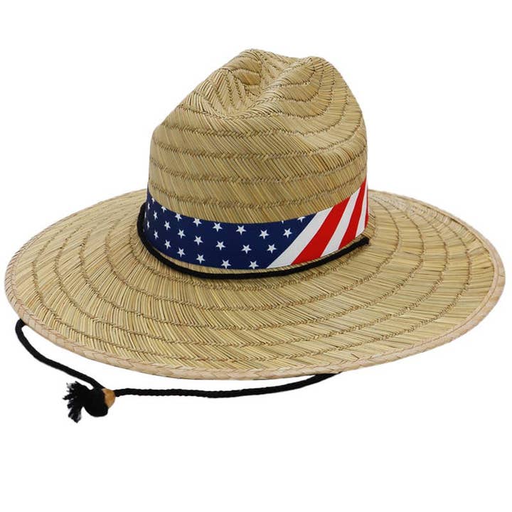COME MOSTRATO Cappello da bagnino in paglia con banda larga con bandiera americana in vendita all'ingrosso su Faire3