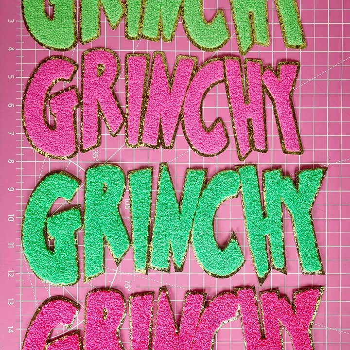 Scratch Decor - Wholesale Patch - Grinchy Word Chenille Gold Glitter Iron-on Patch9