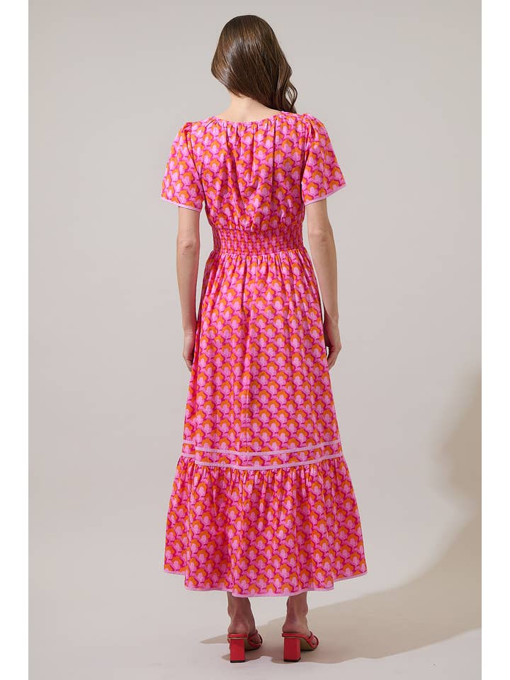 PINK ORG MUL Paden Abstract Ordy Smocked Midi Dress for wholesale on Faire
