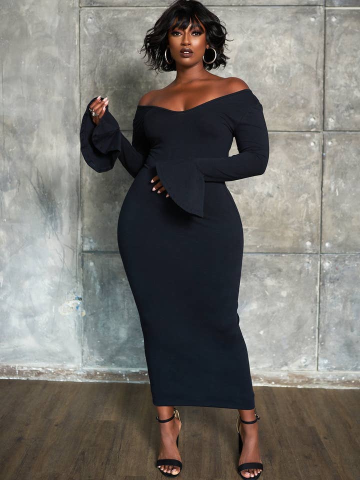 Essential Off The Shoulder Bell Sleeve Maxi Bodycon Dress - Black for wholesale by REBDOLLS