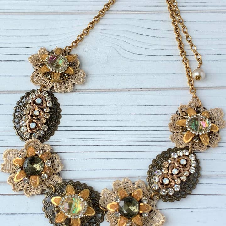 Bejeweled Detailed Vintage Inspired Bib Necklace in Soft Tones for wholesale by Lenora Dame