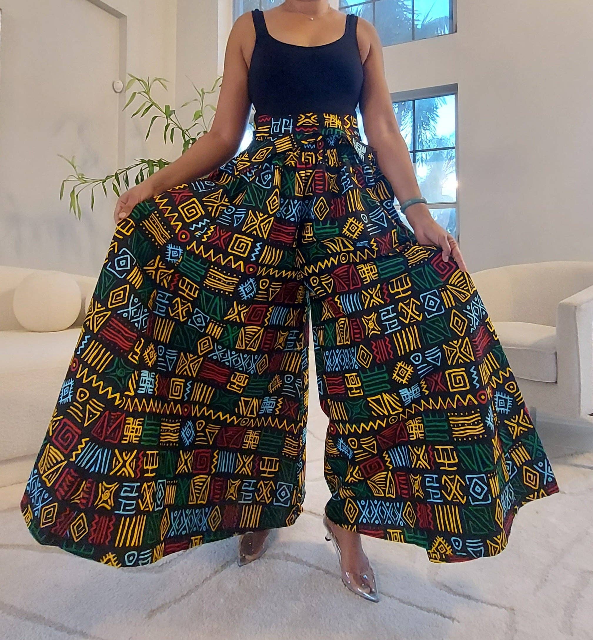 India Batik - Vente Ensemble haut et pantalon (PAS d'intérieur) - Femme - Pantalon Palazzo et chemisier cache-cœur - Noir/Rasta6