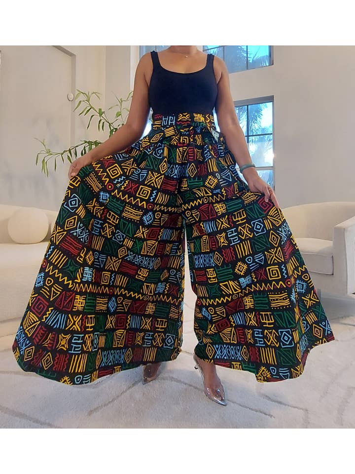 India Batik - Vente Ensemble haut et pantalon (PAS d'intérieur) - Femme - Pantalon Palazzo et chemisier cache-cœur - Noir/Rasta6