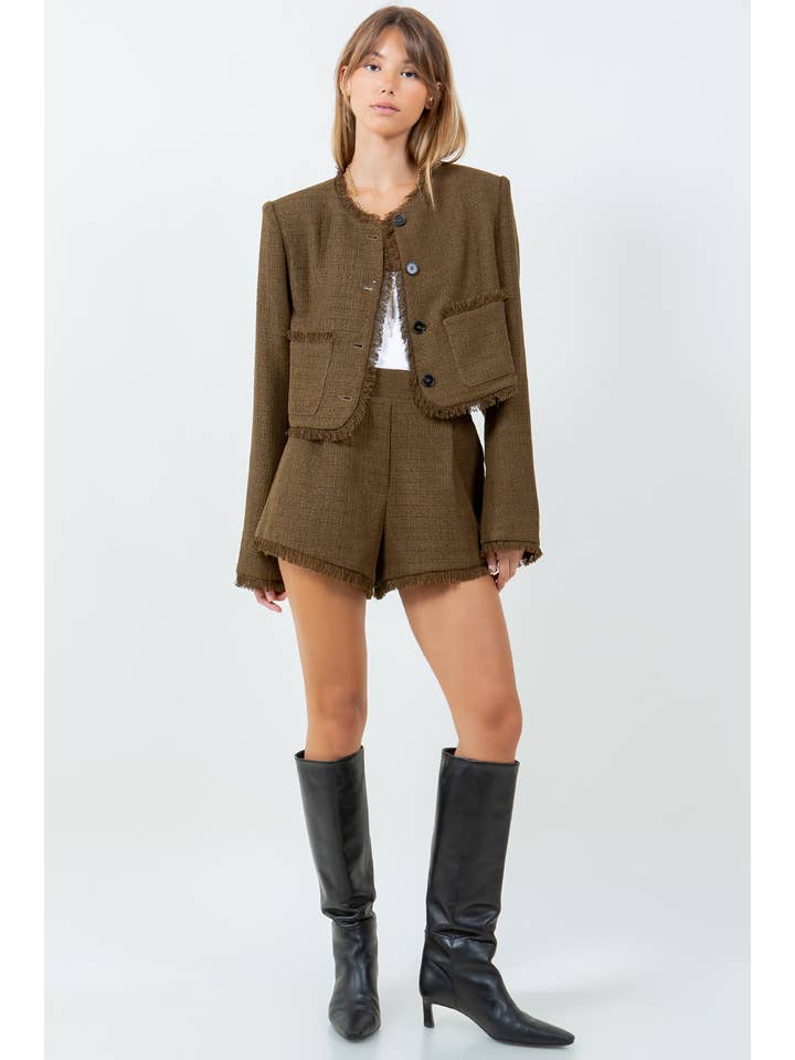 FRAY EDGE DETAILED TWEED BUTTON DOWN JACKET - OLIVE for wholesale on Faire1