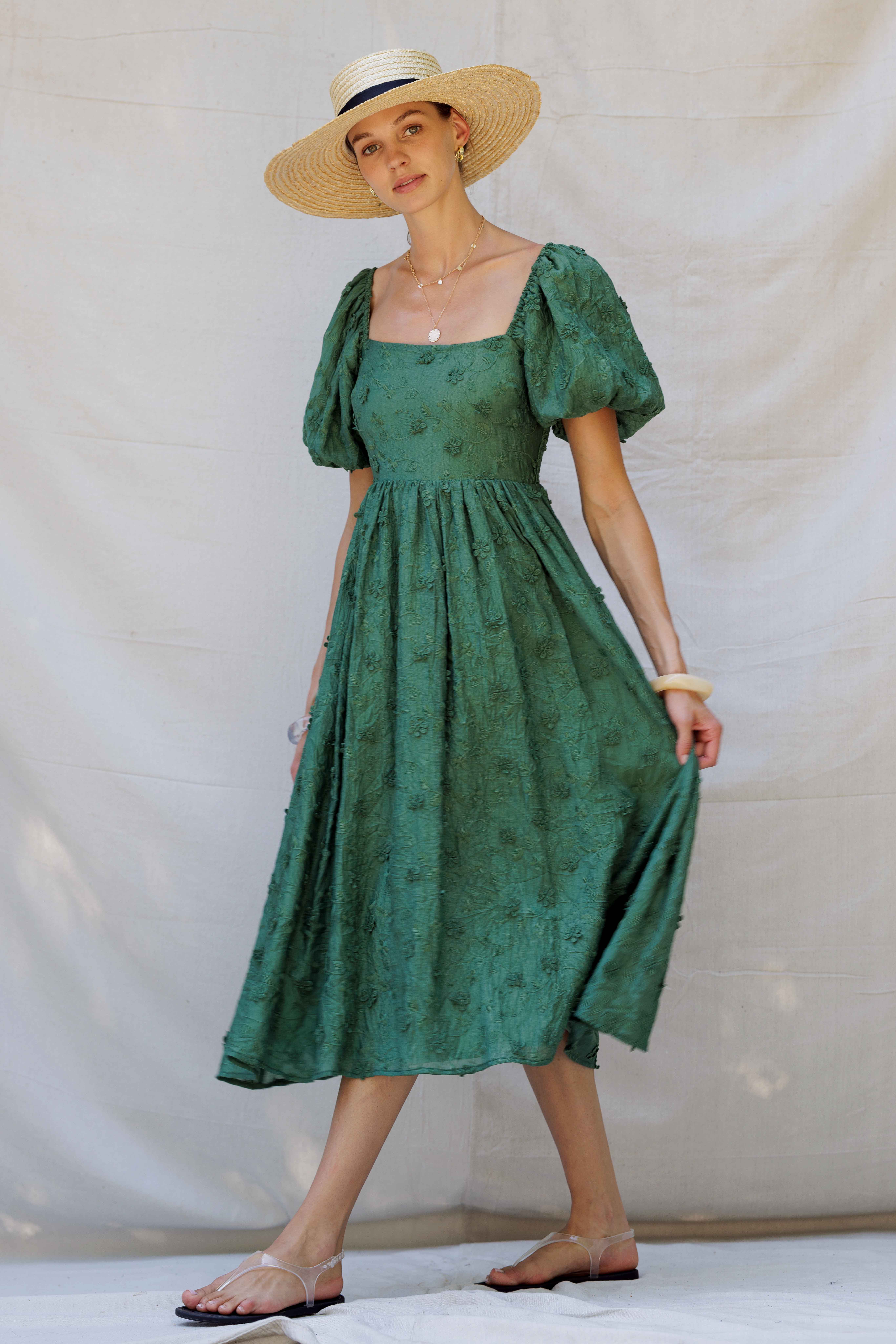 Endless Blu – wholesale Dress – Women's – YD5018 Embroidered Puff-Sleeve Midi Dress17