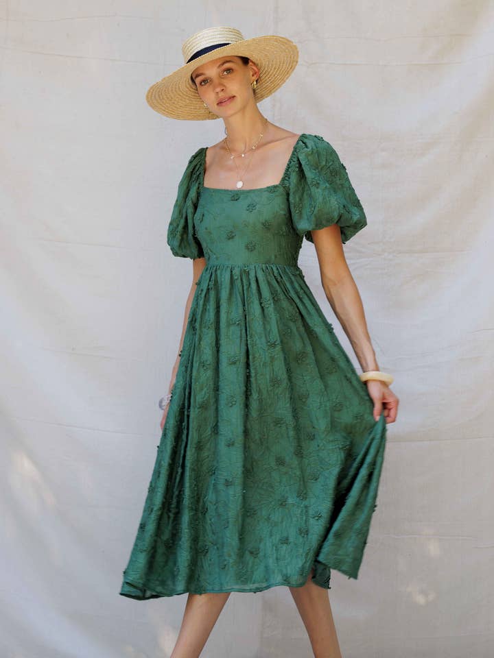 Endless Blu – wholesale Dress – Women's – YD5018 Embroidered Puff-Sleeve Midi Dress17