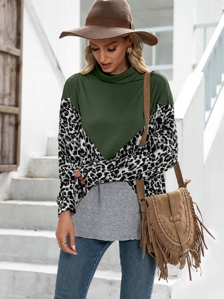 EP-TP1601 Leopard Color Block Turtle Neck for wholesale by ePretty