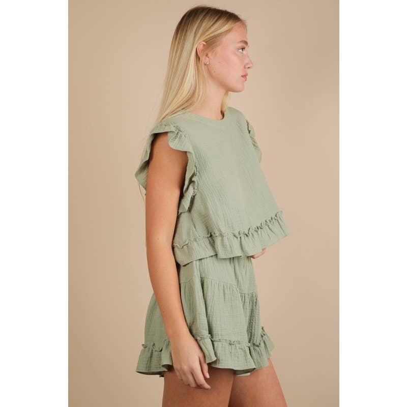 IVE - Vente Ensemble haut et short (PAS d'intérieur) - Femme - Ensemble haut tissé uni à volants ET short14