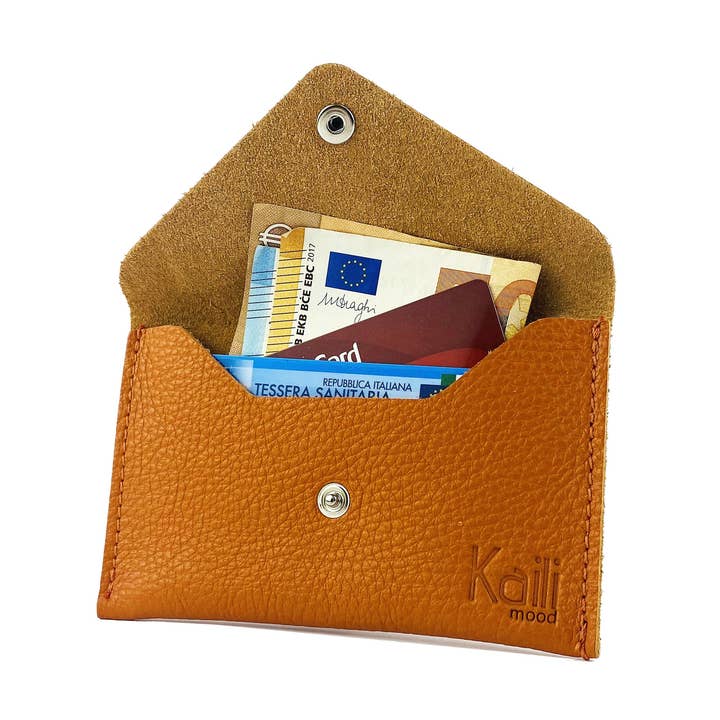 K0040LB | Bustina con pattina Made in Italy in Vera Pelle pieno fiore, grana dollaro - Colore Arancione - Dimensioni: cm 13 x 8 x 0,5 - Confezione: Gift Box rigido fondo/coperchio per la vendita all'ingrosso da parte di Kaili mood / RENATO BORZATTA - Italy since 1978 -