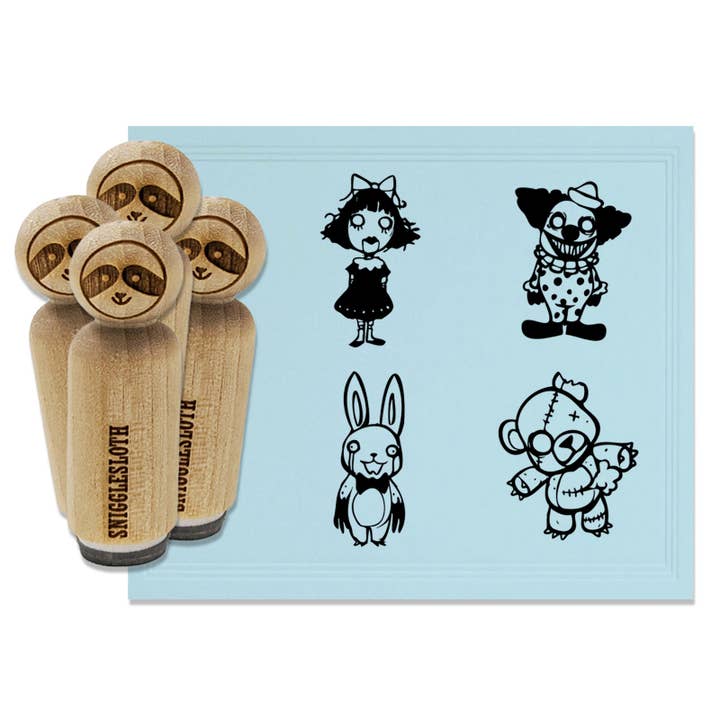 Creepy Scary Halloween Teddy Bunny Clown Doll Rubber Stamp Set for Stamping Crafting Planners for wholesale by Sniggle Sloth