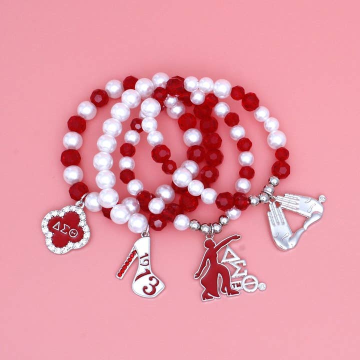 Updated DST Red Bead White Pearl Charm Bracelets for wholesale on Faire