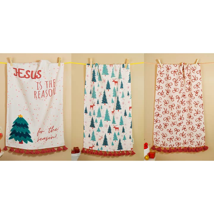 The "Holiday Blessings" Artisan Kitchen Tea Towel Set of 3 for wholesale by Tiramisu
