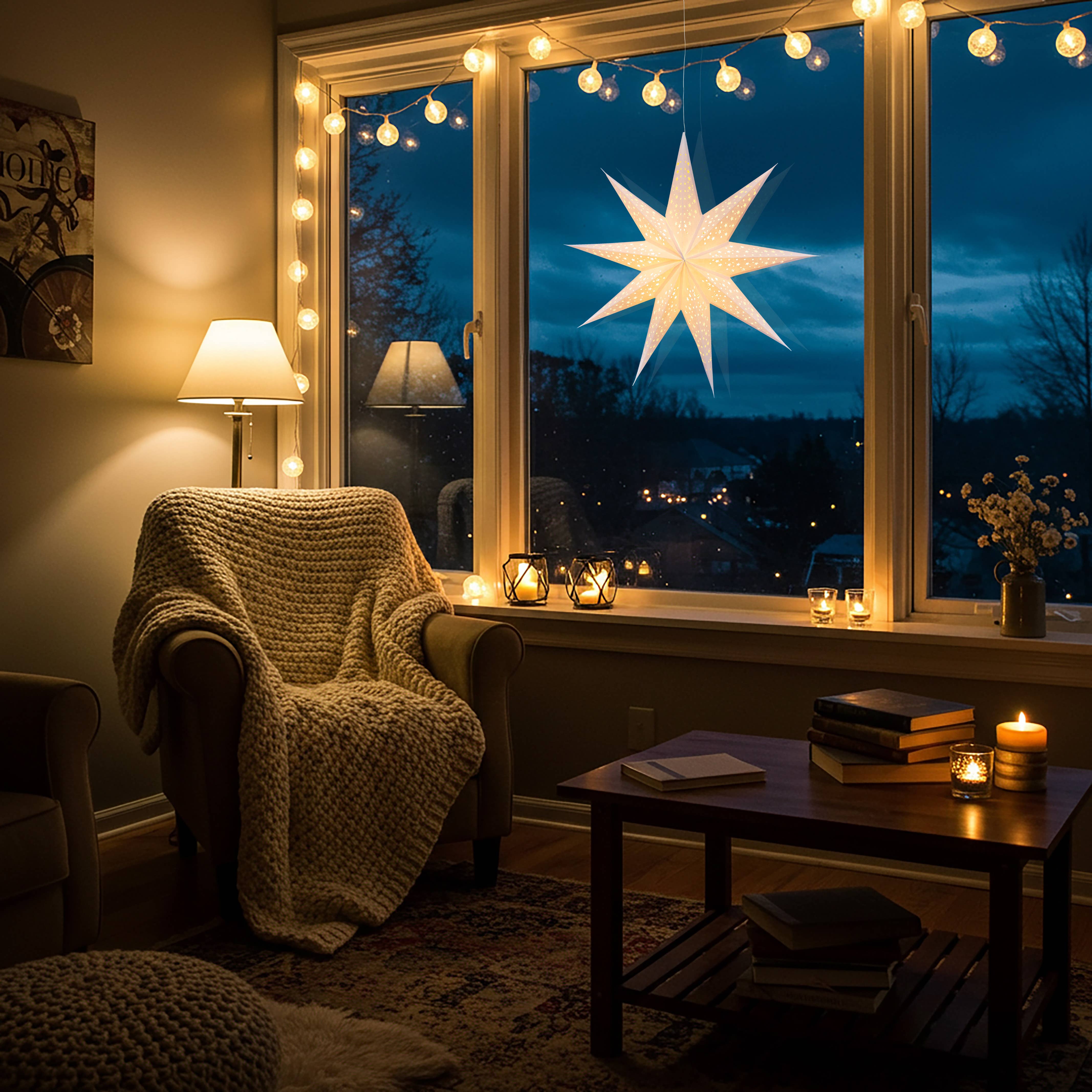 Artschatz LLC - Wholesale Paper Lantern/Lamp - Twinkle Star ~ 9 P, 25",  Cream Paper Star Lantern Light1