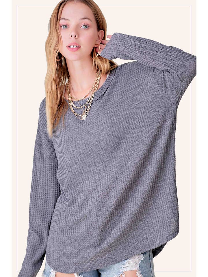La Miel - Wholesale Tunic - Women's - HAT7566-Brushed Waffle Fabric Loose Fit Long Sleeve Top6